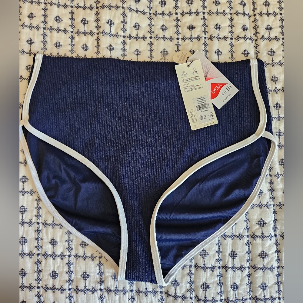 Calia Ribbed Navy High-Rise Bikini Bottom with Tags. New. Sz L